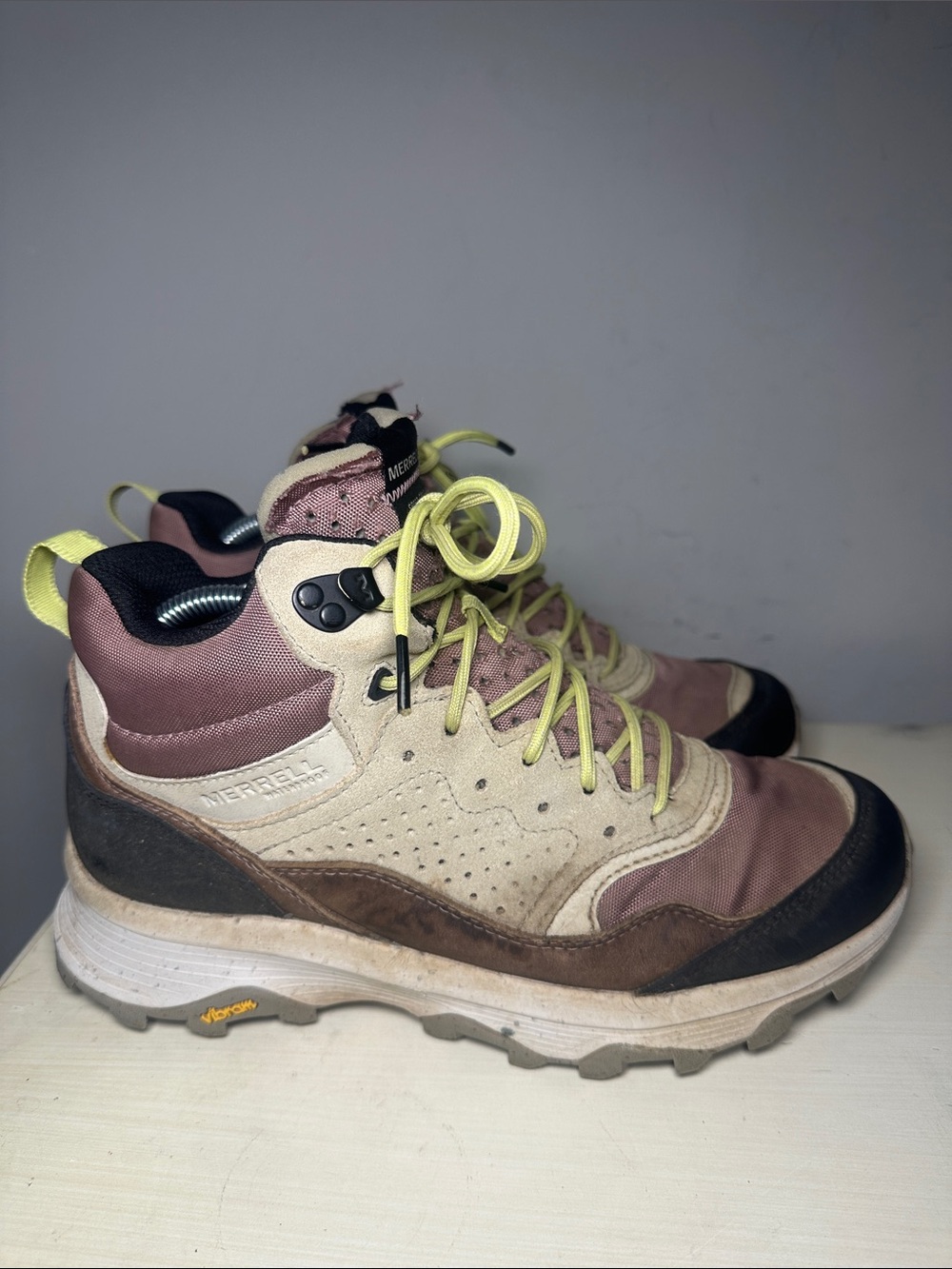 Merrell Speed Solo Taupe and Mauve waterproof Hiking Boots with Yellow Laces